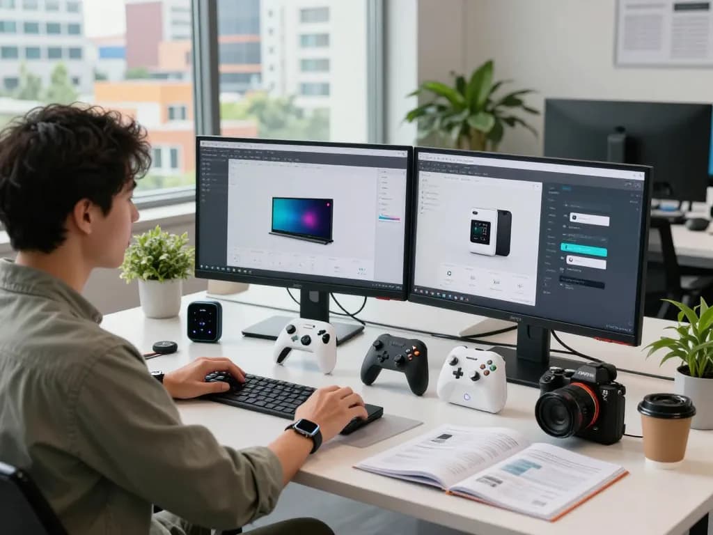 Engaging scene showcasing must have tech gadgets in an innovative workspace with Bluetooth devices, a tech enthusiast testing gadgets at a modern desk.