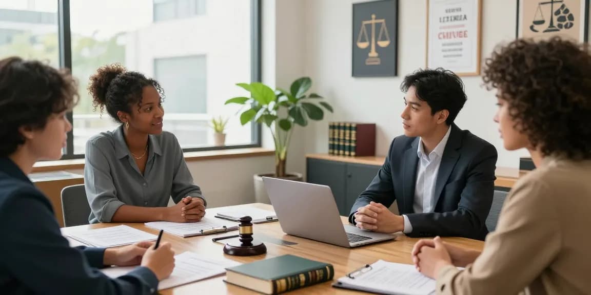 Legal consultant discussing case strategies with clients in a welcoming office; click this link here now for expert guidance.