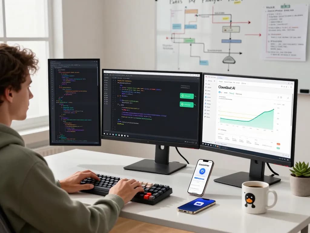 Developer utilizing Clawdbot AI in a sleek office, managing coding tasks and communications.