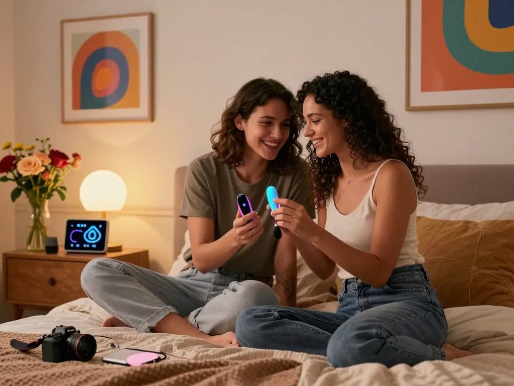 AI sex toy enhancing couple's intimate experience in a stylish modern bedroom.
