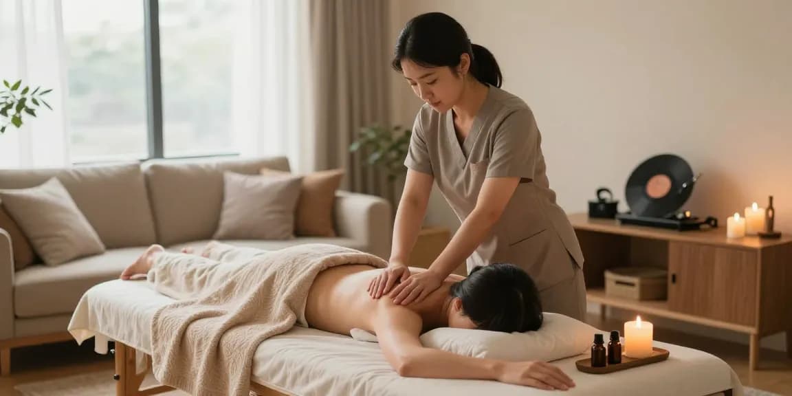 Relaxing 구리출장마사지 session in a serene home setting with a Korean therapist.