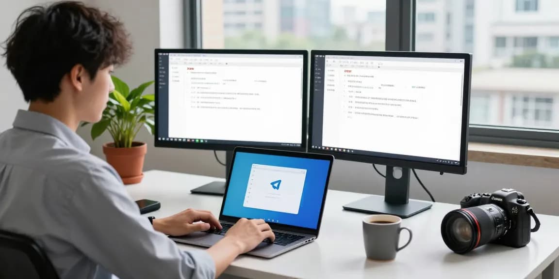 Young professional configuring Telegram Chinese language settings at modern workspace