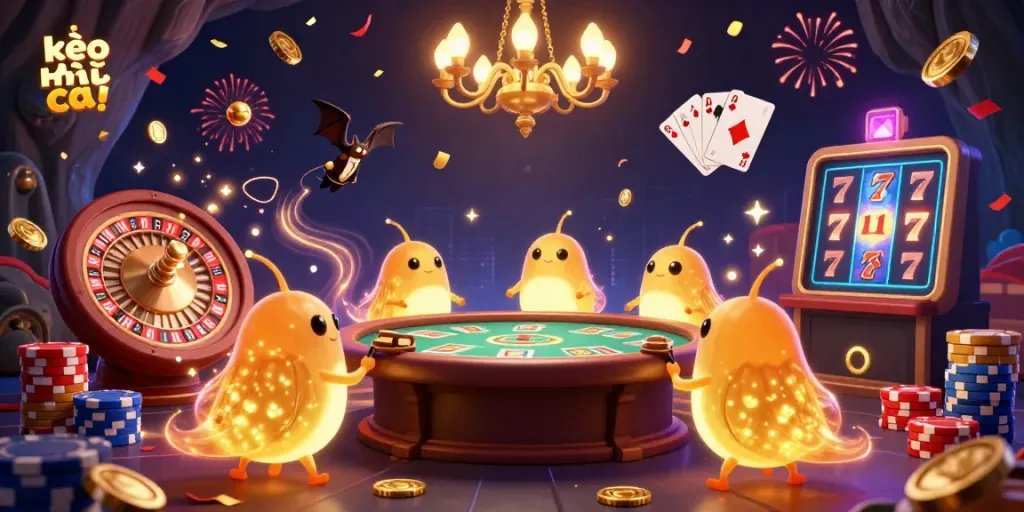 Experience the lively kèo nhà cái scene, featuring glowworms and a bat dealer in a vibrant casino setting.