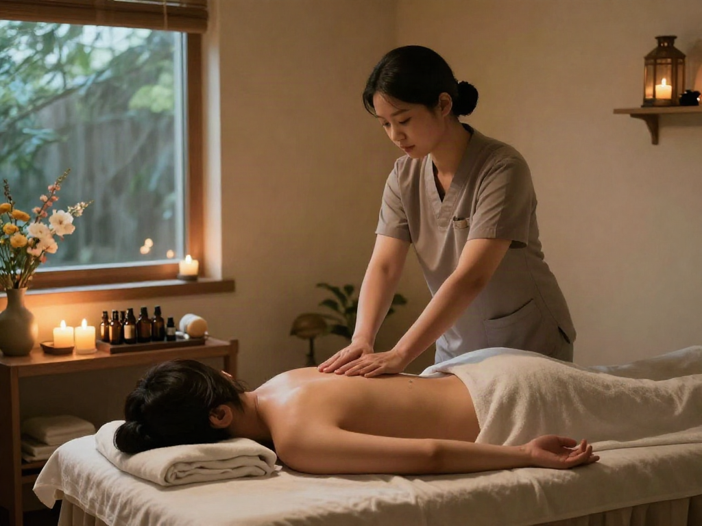 Relaxing 김포출장마사지 in a serene therapy room with soothing ambiance.