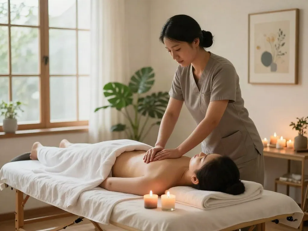 Enjoying 동작출장마사지 in a calming home wellness environment with a professional therapist.