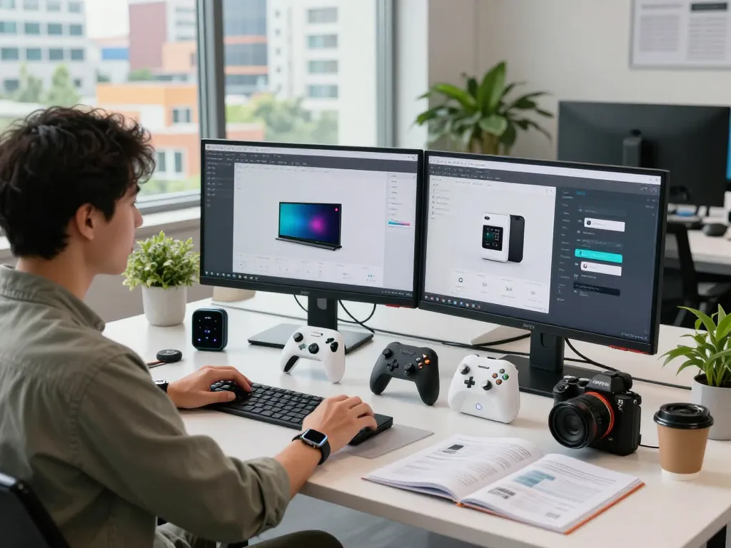 Engaging scene showcasing must have tech gadgets in an innovative workspace with Bluetooth devices, a tech enthusiast testing gadgets at a modern desk.
