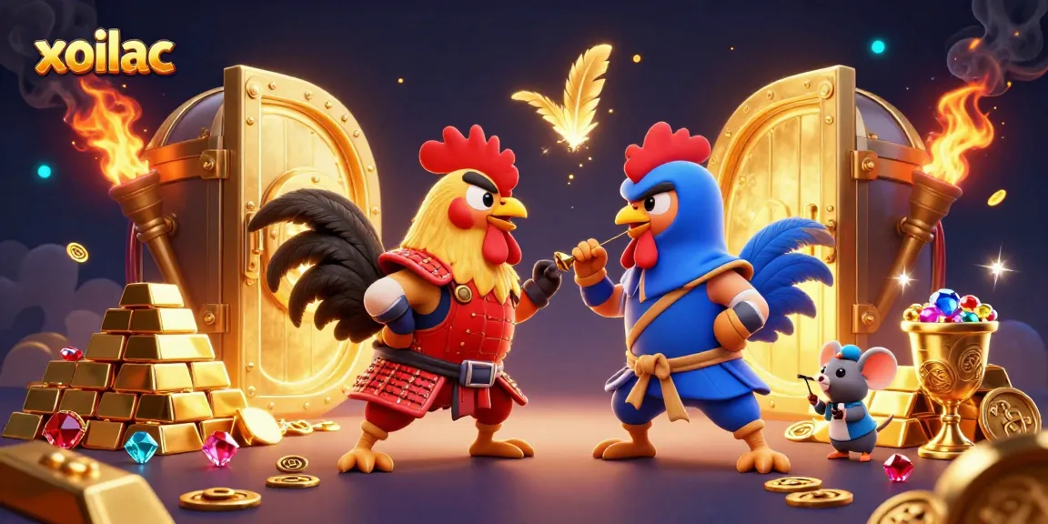 Experience the exciting cockfighting showdown in xoilac featuring animated roosters and bling.