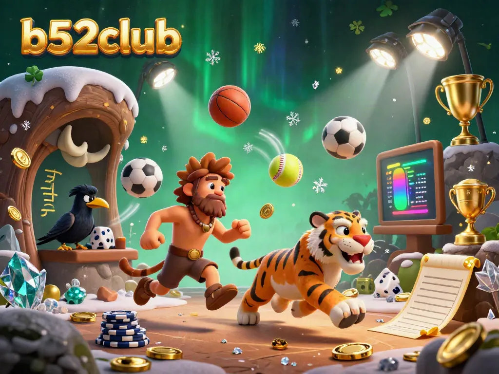Experience thrilling slots at b52club with energetic caveman and sabertooth tiger duo in a colorful prehistoric casino.