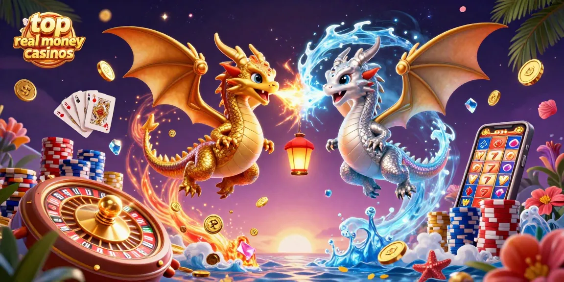 Engage with top real money casinos showcasing dynamic dragons, coins, and gaming elements.