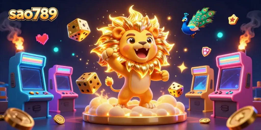 sao789 takes center stage in a vibrant 3D casino illustration, featuring a triumphant sun lion and colorful game elements.