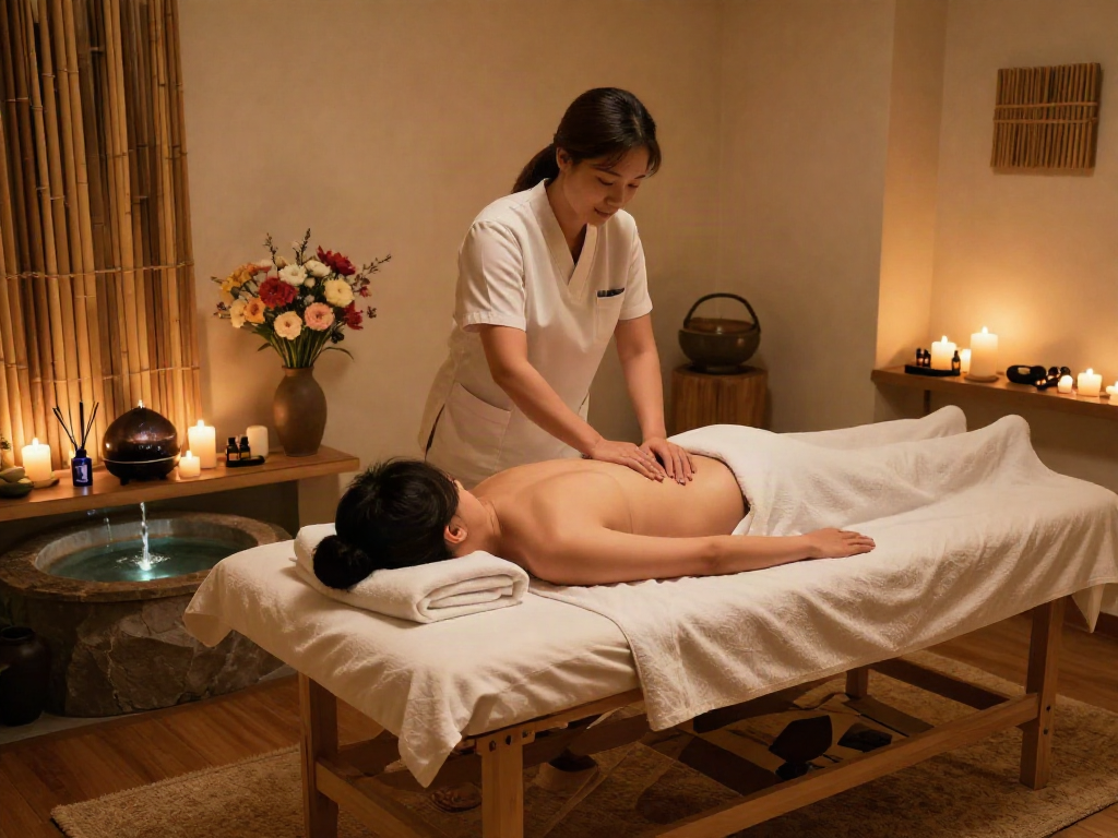 Experience a soothing 김포출장마사지 in a tranquil wellness retreat, highlighting relaxation elements.