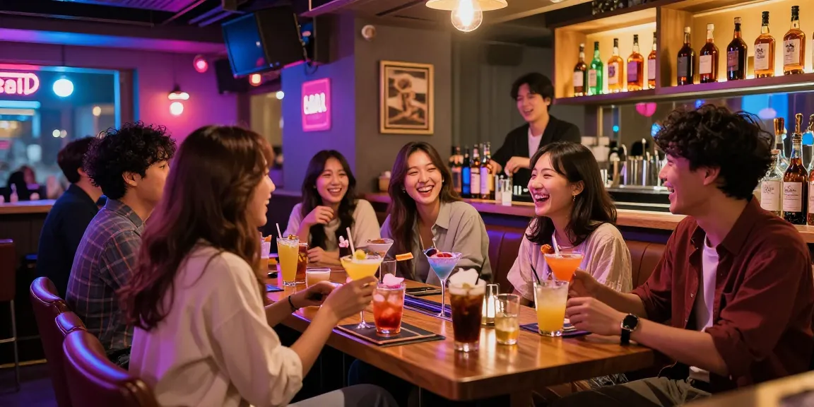 제주유흥의 분위기를 즐기는 사람들, 유흥 공간에서 캐주얼한 대화와 음료를 나누는 장면
