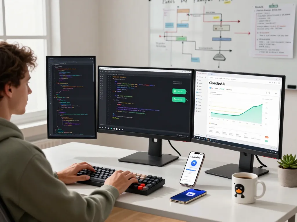 Developer utilizing Clawdbot AI in a sleek office, managing coding tasks and communications.