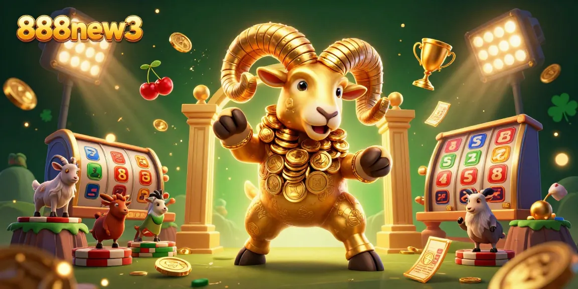 Engage with 888new3 as the golden ram charges through a vibrant casino scene filled with dynamic slot elements.