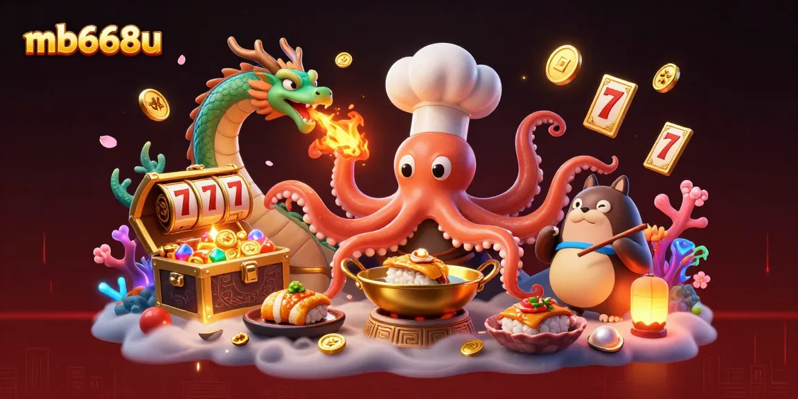 Engaging mb668u illustration of a sushi chef octopus and friends showcasing vibrant casino elements and underwater treasures.