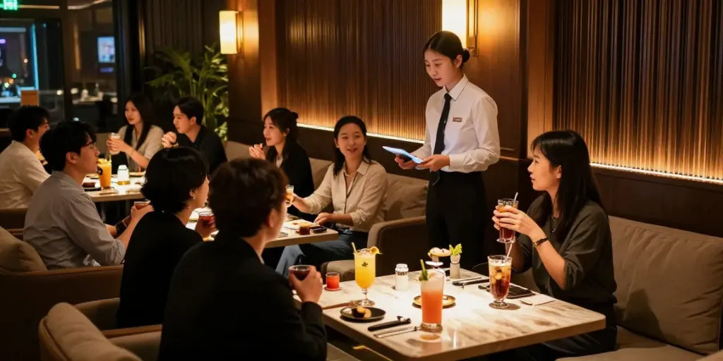 강남 타이밍의 고급스러운 유흥 공간에서 즐거운 대화를 나누는 손님들