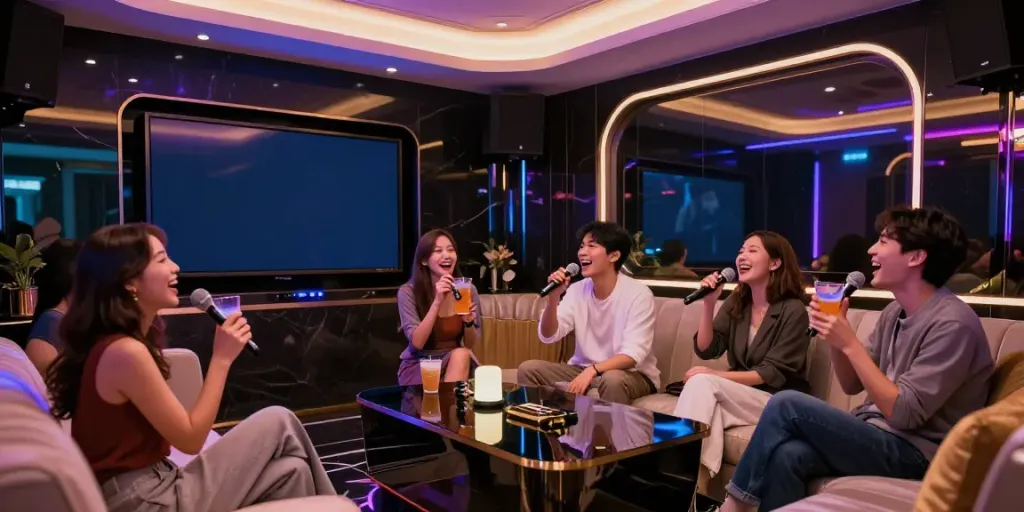 강남유앤미의 고급스러운 노래방 내부에서 즐기는 친구들