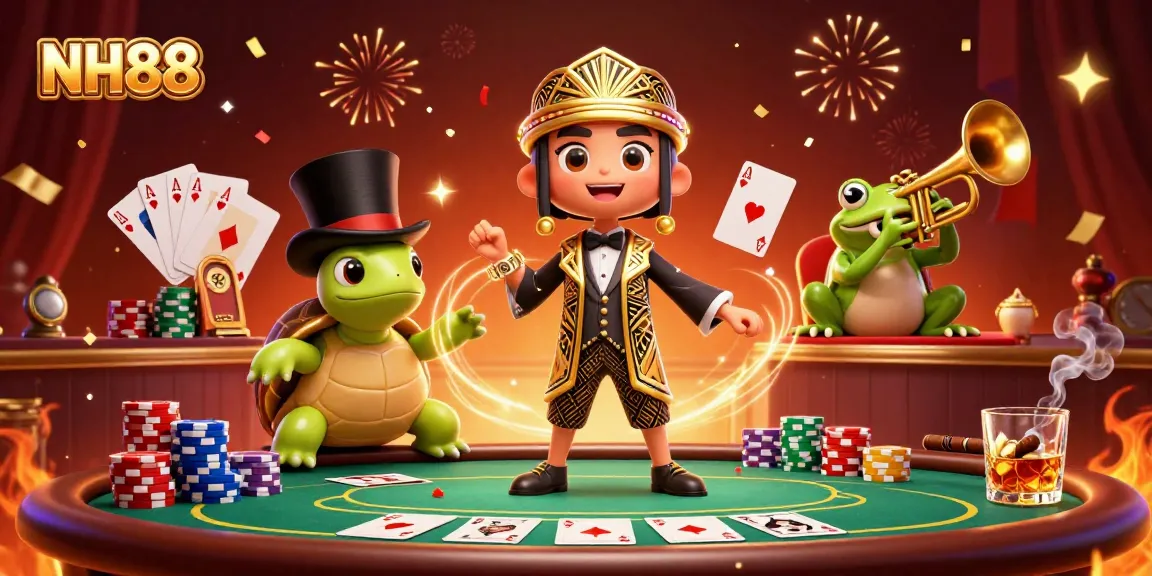 Experience thrill and strategy at NH88 with a vibrant casino scene featuring cartoon characters playing cards.