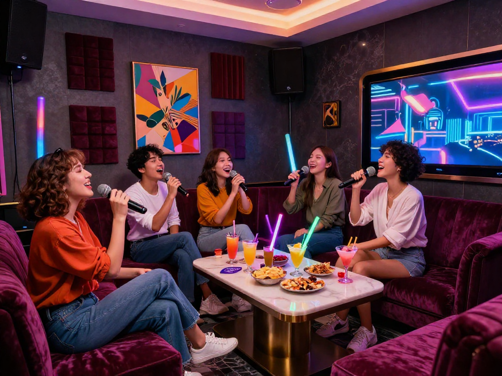 강남 가라오케 gangnam-karaoke.kr에서 세련된 개인 노래방에서 즐기는 친구들 모습