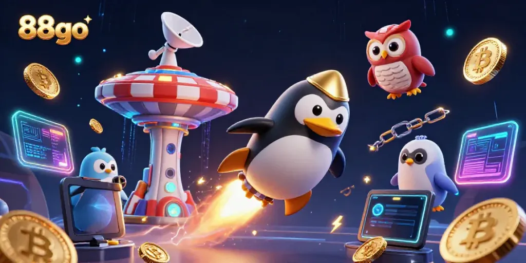 Experience the excitement of 88go with a golden penguin soaring toward a casino space station surrounded by neon coins.