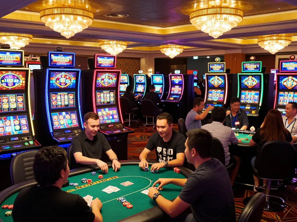 Engaging scene reflecting lc88 life as players celebrate wins at vibrant casino slot machines and poker tables