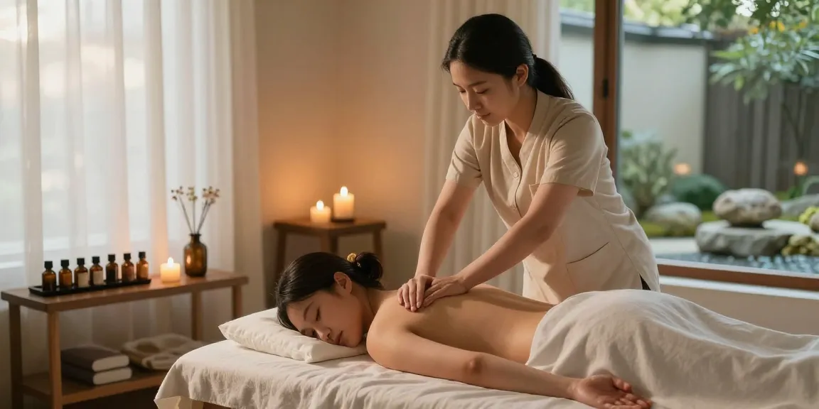 마사지 테라피 씬, 편안한 분위기 속에서 스웨디시 마사지를 받는 고객과 치료사