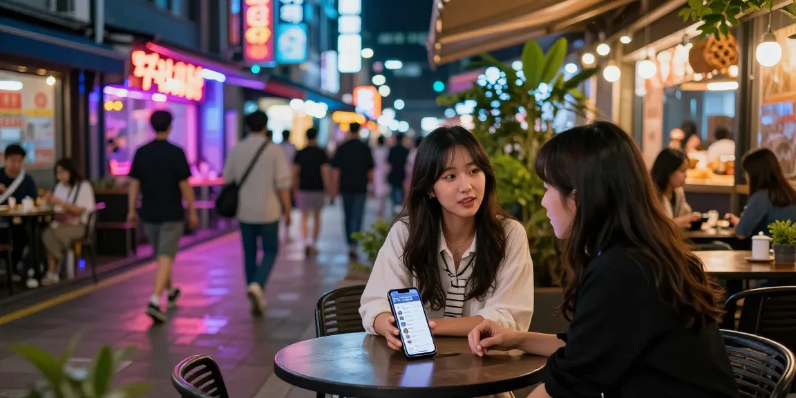 강남에서 퀸알바 정보 찾는 젊은 여성과 친구의 대화 장면, 네온사인이 반짝이는 도시 야경을 배경으로 한 카페 이미지