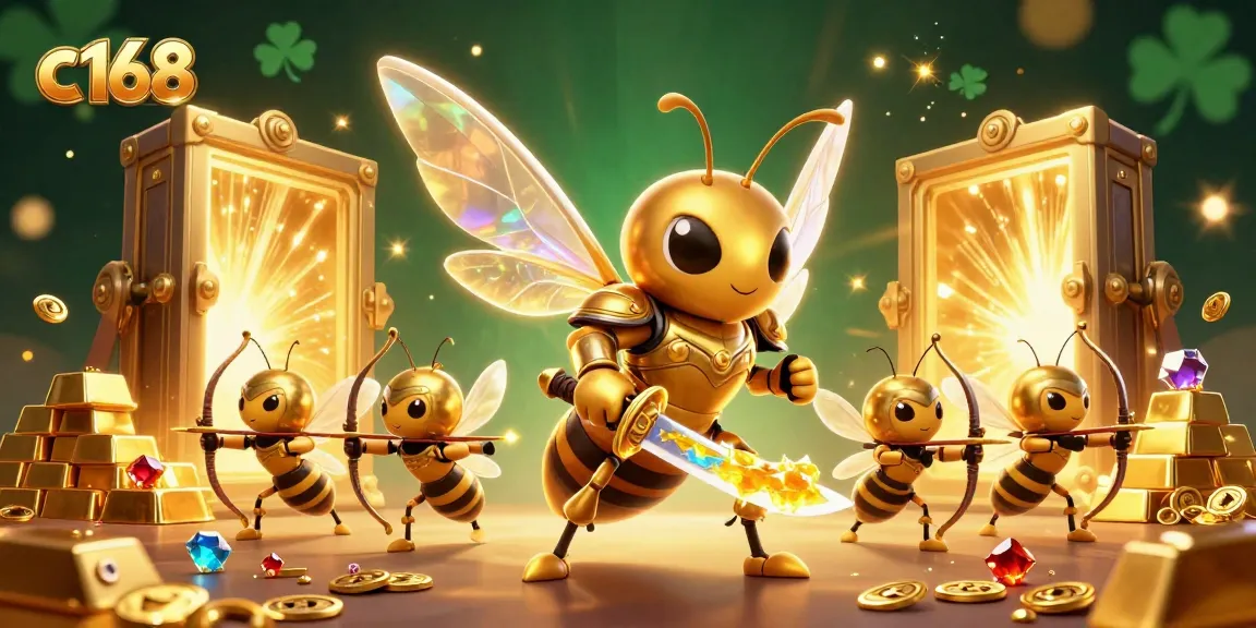 Engage with thrilling casino excitement at c 168 with a stunning 3D illustration of golden hornet samurai guarding treasures.