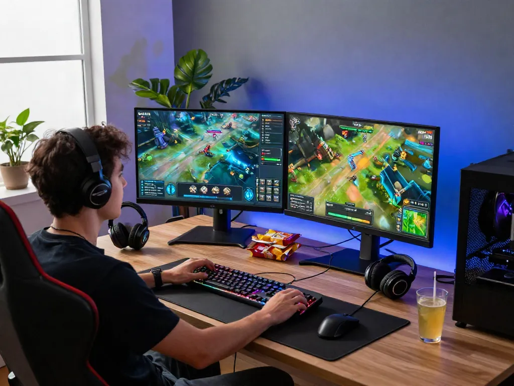 Player using ROKOK88 slot login on a gaming desk with monitors and colorful graphics.