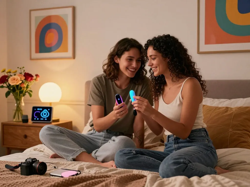 AI sex toy enhancing couple's intimate experience in a stylish modern bedroom.