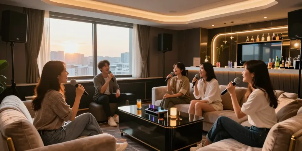 강남도파민에서 친구들과 즐겁게 노래하는 우아한 프라이빗 룸 모습