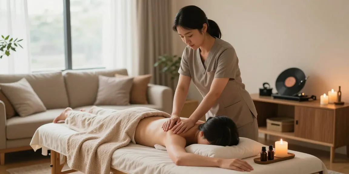 Relaxing 구리출장마사지 session in a serene home setting with a Korean therapist.