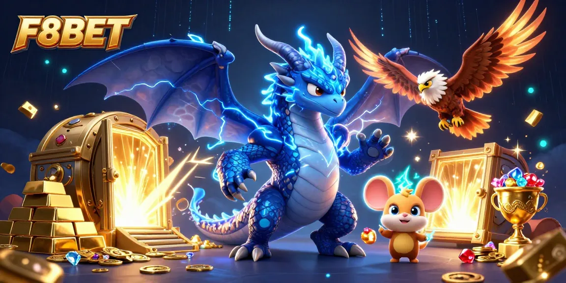 Engage with exciting F8BET gaming experiences featuring a thunder dragon and vibrant treasures.