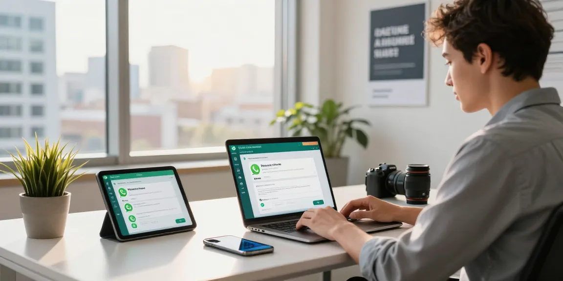 Engaging workspace with user accessing WhatsApp網頁版 on multiple devices.