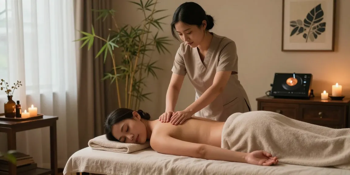 성남출장안마을 위한 편안한 마사지 실내 풍경으로, 소프트 불빛과 아로마 오일이 어우러진 모습