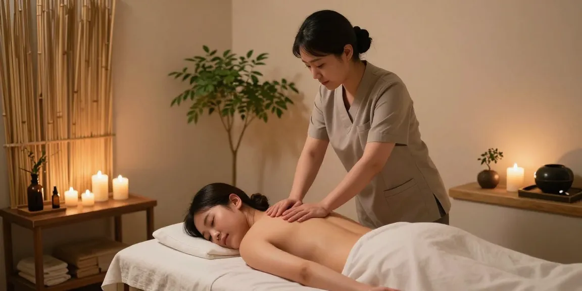 서울출장마사지 전문 마사지사와 편안한 고객의 모습, 아늑한 스파 환경