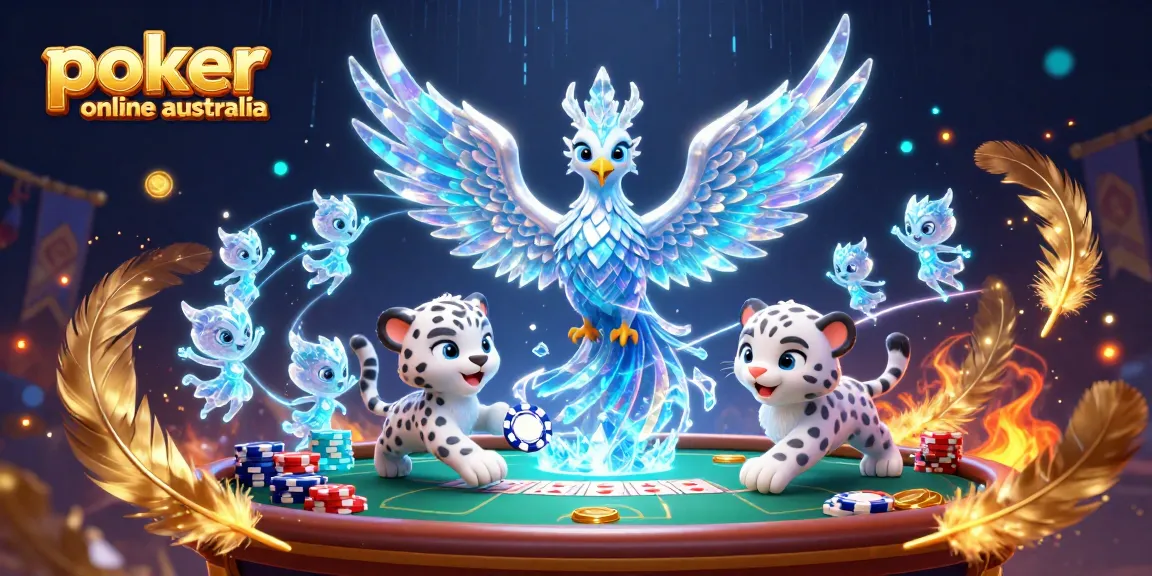 Experience thrilling poker online Australia with a lively scene of an ice phoenix and playful motifs.