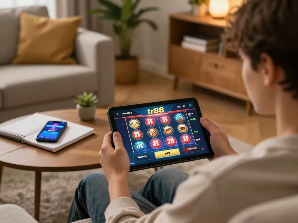 Engaging with the tr88 bet online casino interface while strategizing in a cozy home setting.