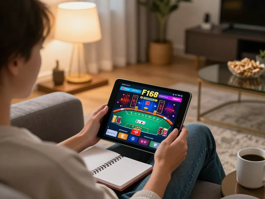 Player engaged in F168 online poker, showcasing a tablet with gameplay and strategy notes.