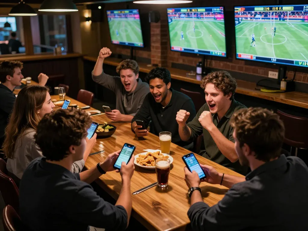 A lively sports betting scene analyzing kèo nhà cái 5 odds at a crowded sports bar