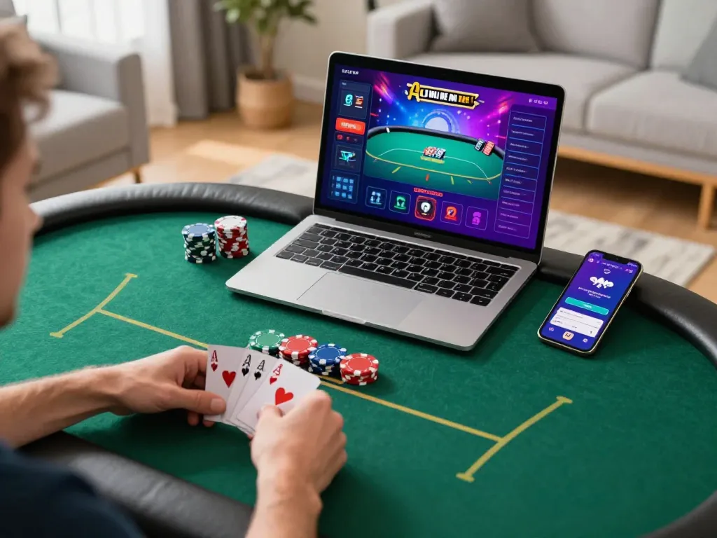 Engaged player in a gamebaidoithuong poker session at home with laptop and smartphone.