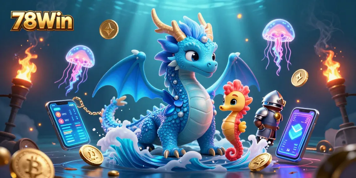 Join the adventure at 78Win with a 3D illustration featuring a water dragon and crypto elements.