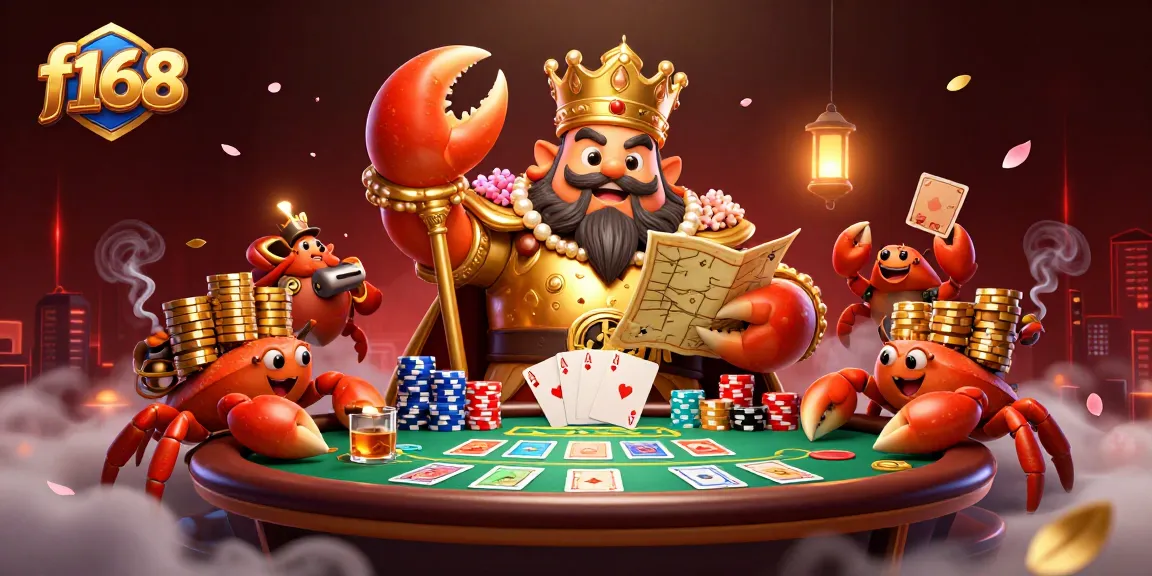 Increase your wins at f168 with a massive golden crab emperor leading the way in a vibrant casino scene.