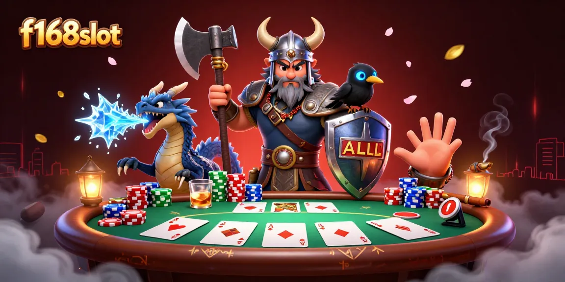 Experience thrilling gameplay with f168slot featuring a Viking wolf warrior, fierce dragon, and poker elements.