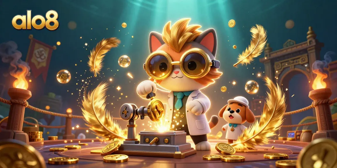 Catch gold coins in an exciting alo8 online casino scene with a mad scientist cat!