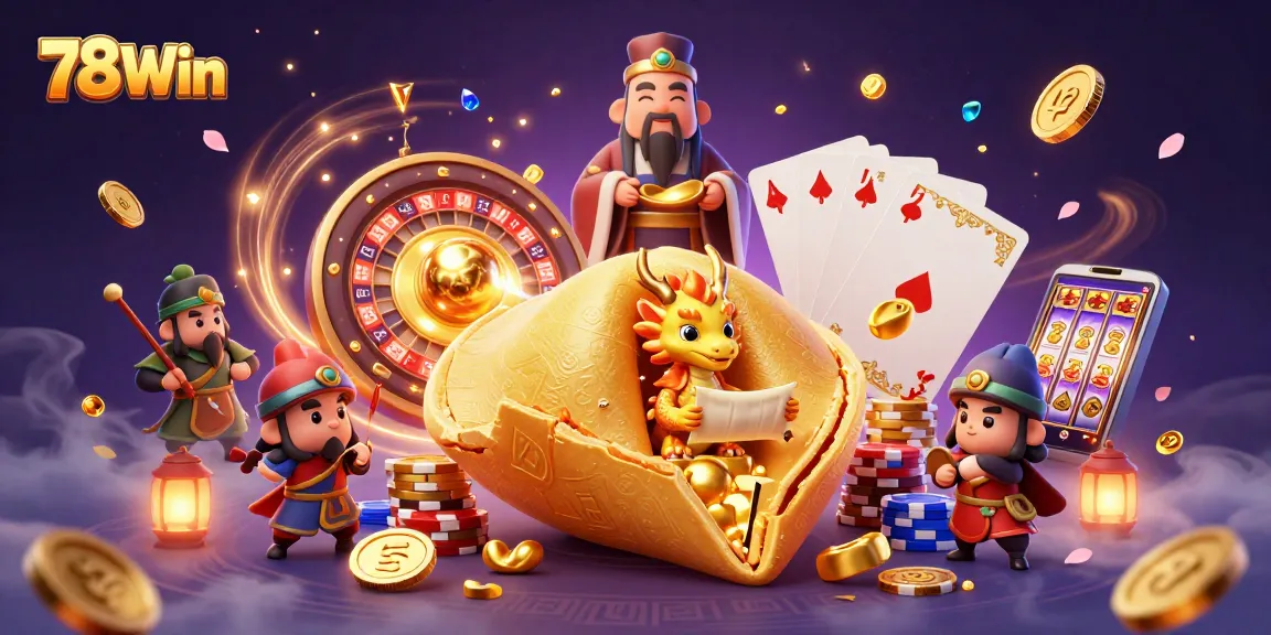 Engage in thrilling experiences at 78Win with an enchanting illustration of a golden fortune cookie and gaming elements.