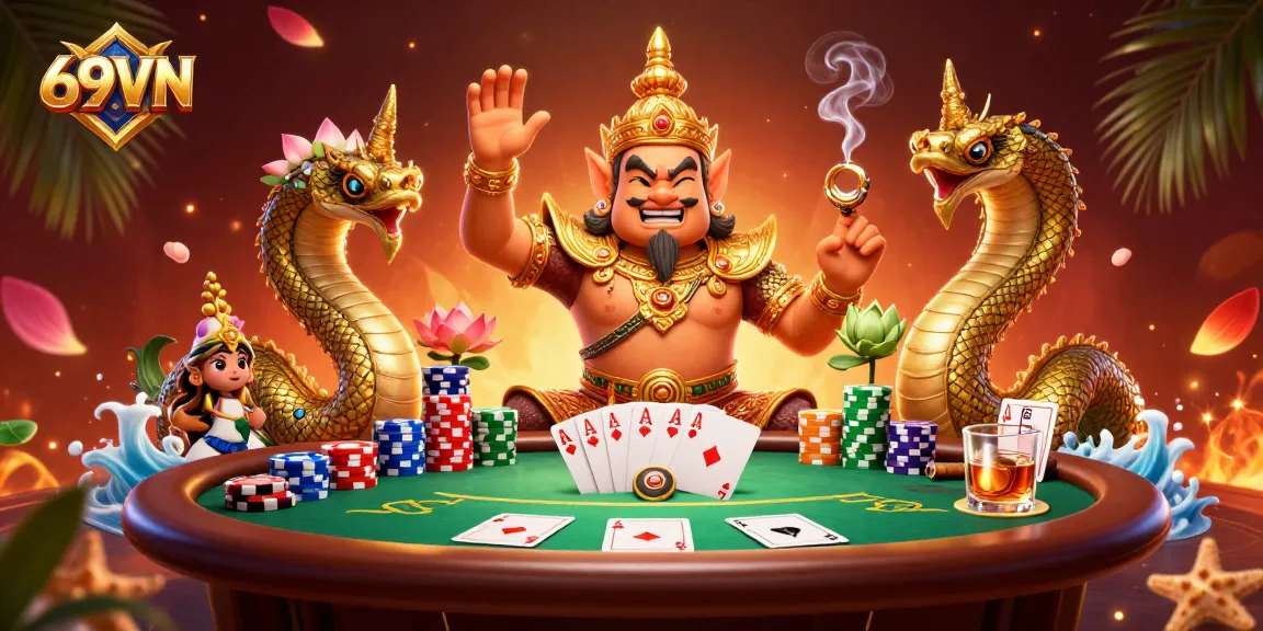 Experience the thrill of 69VN with a vibrant casino scene featuring poker elements and iconic guardians.